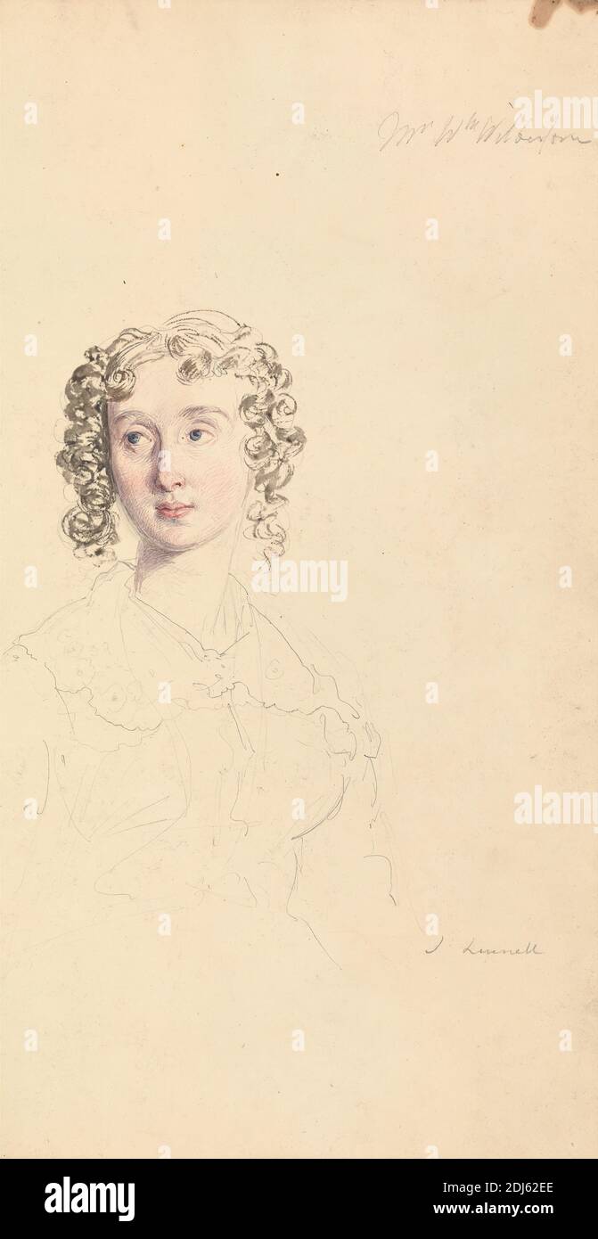 Studio della sig.ra William Wilberforce, John Linnell, 1792–1882, inglese, ca. 1824, acquerello e grafite su carta spessa, liscia, beige wove, foglio: 11 5/8 x 6 1/8 pollici (29.5 x 15.6 cm), ricci, studio della figura, sguardo, ritratto, moglie, donna Foto Stock