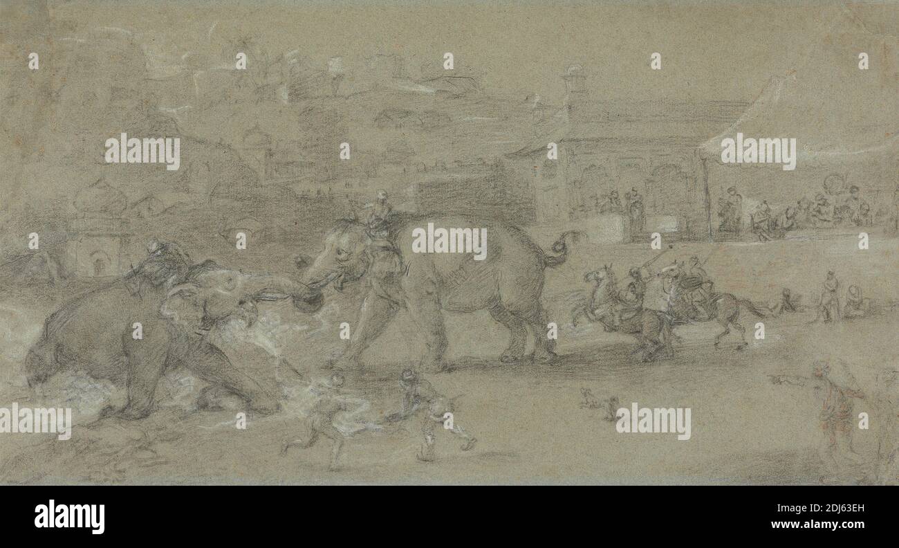 Elephants Fighting, Johan Joseph Zoffany RA, 1733–1810, tedesco, attivo in Gran Bretagna (dal 1760), tra il 1784 e il 1788, gesso nero, bianco e rosso su carta media, leggermente testurizzata, blu, foglio: 9 1/16 × 16 5/16 pollici (23 × 41.5 cm) e cornice: 16 5/16 × 23 1/4 pollici (41.5 × 59 cm), arte animale, elefanti (animali), intrattenimento, India, Lucknow Foto Stock