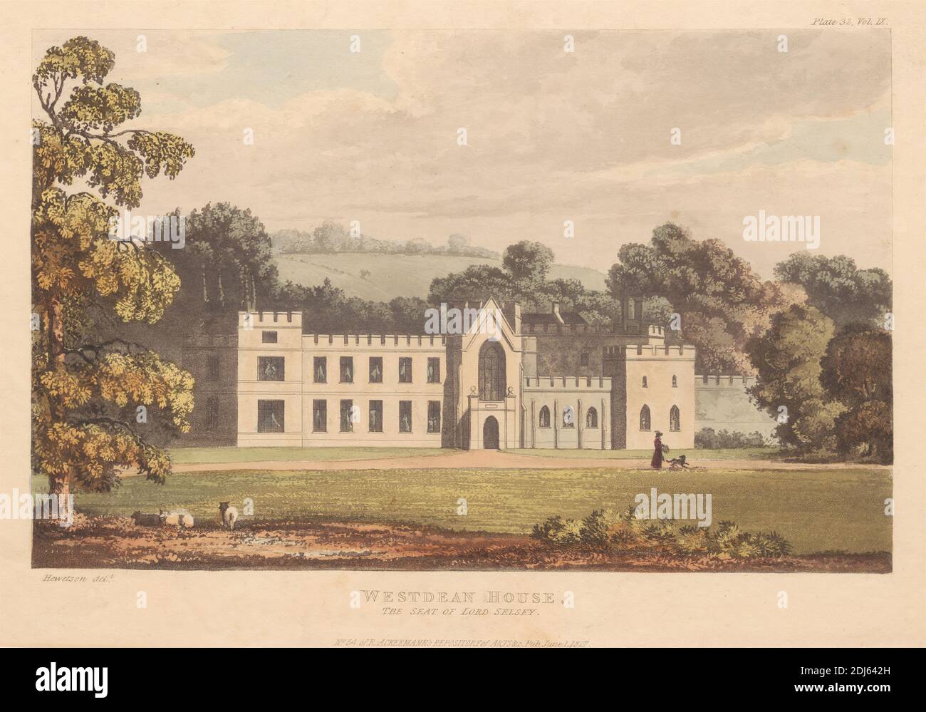 Westdean House, The Seat of Lord Selsey, Stampa fatta da Christopher Hewetson, 1737/38–1798, inglese, attivo in Italia (dal 1765), 1827, Aquatint su carta media, leggermente testurizzata, crema di wove, foglio: 5 5/8 × 9 1/2 pollici (14.3 × 24.1 cm Foto Stock