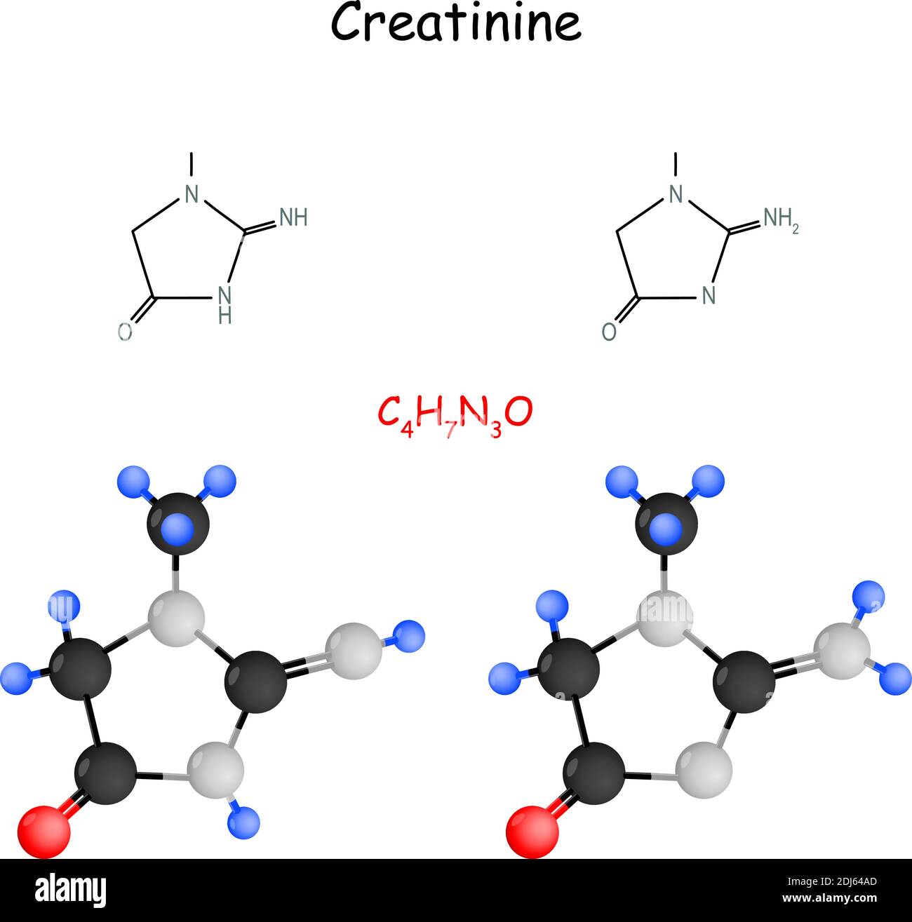 Creatinina. Formula strutturale chimica e modello di molecola. Illustrazione vettoriale Illustrazione Vettoriale