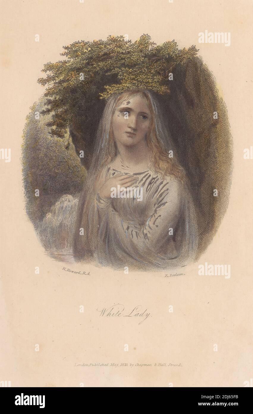 White Lady, Stampa realizzata da Edward Scriven, 1775–1841, inglese, After Henry Howard, 1769–1847, inglese, pubblicato da Chapman and Hall, 1833, incisione di linea con colorazione a mano in acquerello e gouache su carta media, leggermente testurizzata, color crema Foto Stock