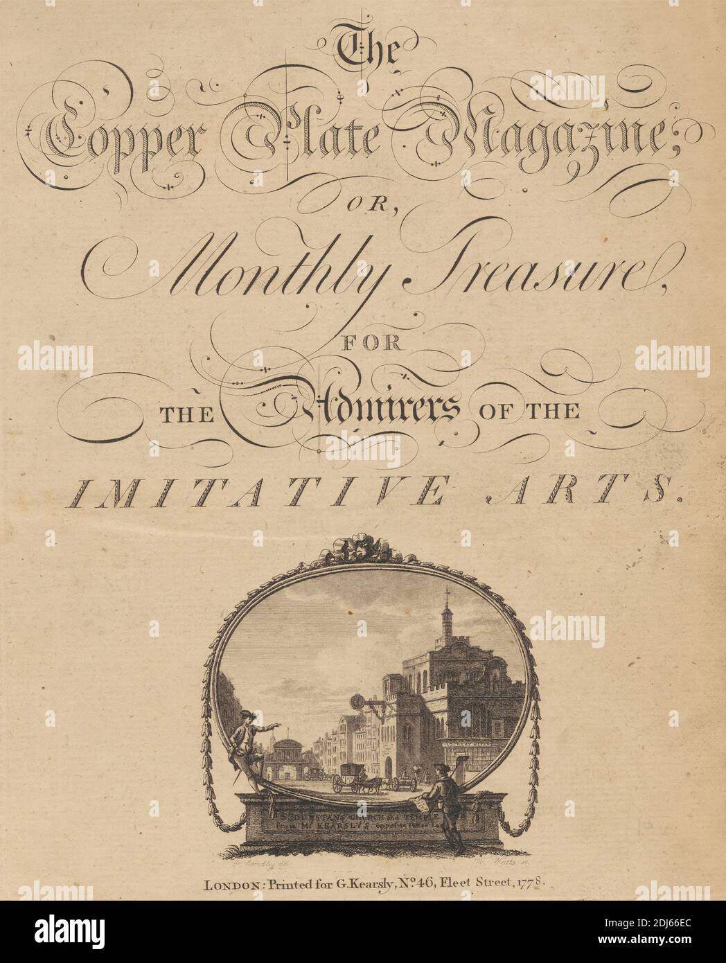 The Copper Plate Magazine or, Monthly Treasure, Title Page, Published by George Kearsley, 1758–1813, British, 1778, incisione di linea su carta media, leggermente testurizzata, color crema Foto Stock