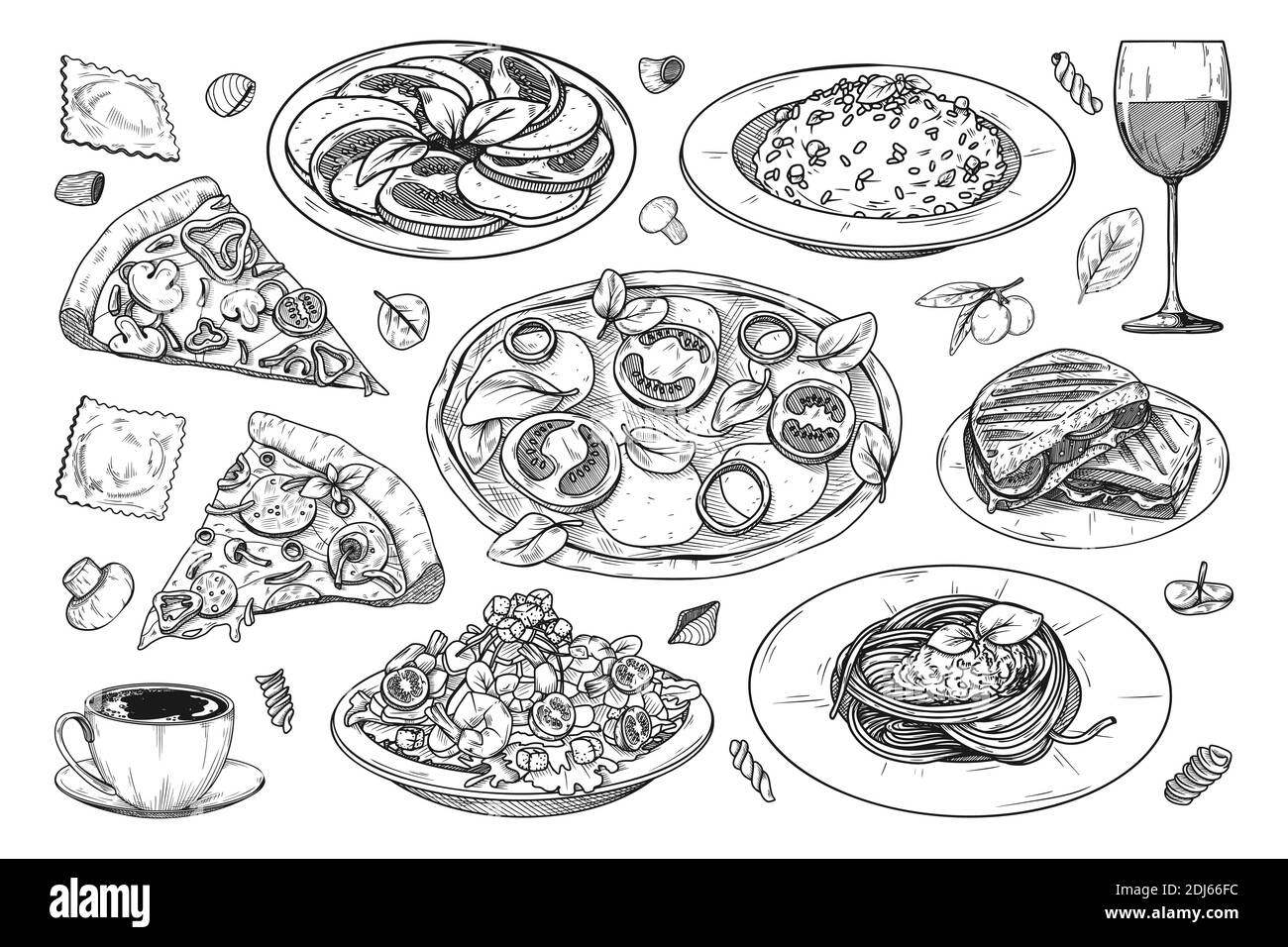 Set di diversi piatti italiani. Pizza, spaghetti, risoto e altri popolari piatti italiani. Illustrazione vettoriale Illustrazione Vettoriale