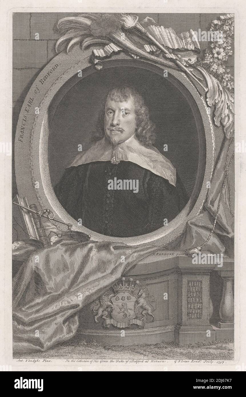Francis Earl of Bedford, Stampa realizzata da George Verte, 1684–1756, inglese, dopo Sir Anthony Van Dyck, 1599–1641, fiammingo, attivo in Gran Bretagna (1620–21; 1632–34; 1635–41), 1737, incisione di linea, incisione e incisione con impresso su carta leggermente testurizzata e leggermente spessa, foglio: 19 5/8 × 13 5/8 pollici (49.8 × 34.6 cm), piastra: 14 1/4 × 9 3/8 pollici (36.2 × 23.8 cm) e immagine: 13 7/8 × 8 7/8 pollici (35.2 × 22.5 cm Foto Stock