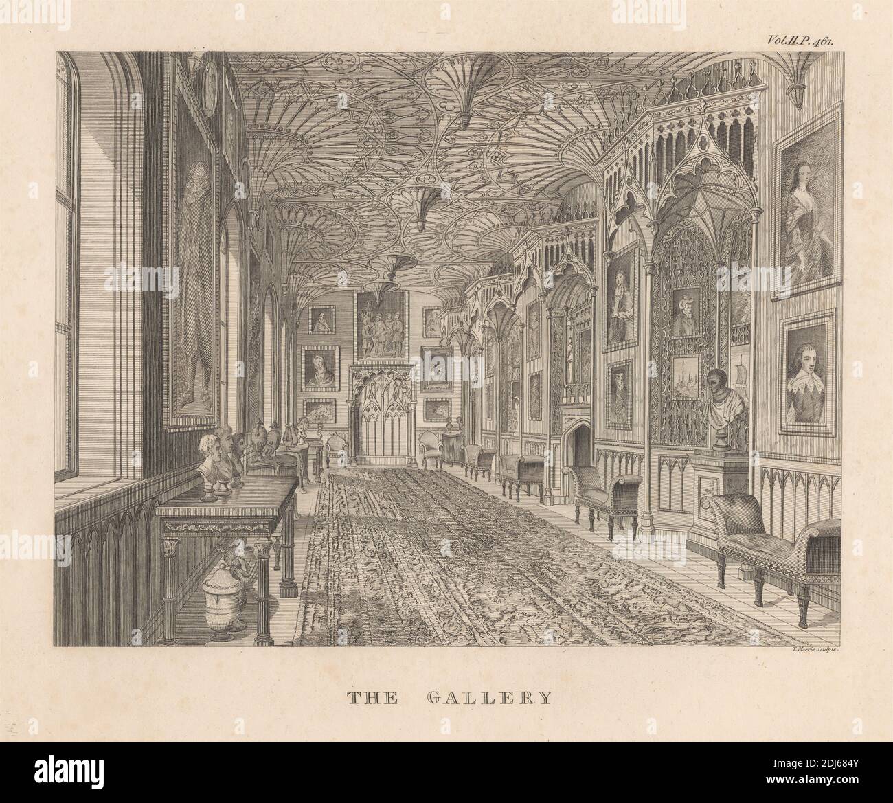 The Gallery at Strawberry Hill, Stampa realizzata da Thomas Morris, Active 1771–1794, 1784, incisione di linea su carta media, leggermente testurizzata, color crema Foto Stock