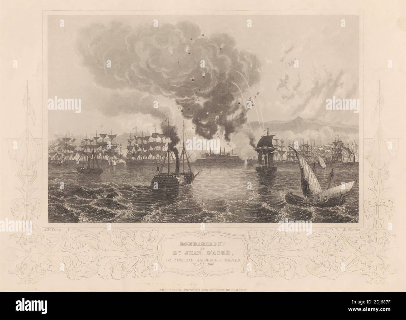 Bombardamento di St. Jean D'Acre, Stampa fatta da H. winkles, Active 1834–1840, pubblicata dalla London Printing and Publishing Company, 1840, incisione di linea su carta media, leggermente testurizzata, color crema Foto Stock