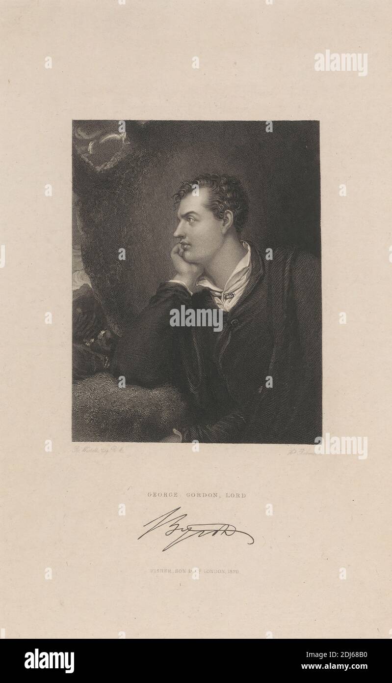 George Gordon Byron, sesto barone Byron, dopo Richard Westall, 1765–1836, inglese, pubblicato da Fisher, Son & Co., attivo 1821–1848, inglese, 1829, incisione di linea su carta media, leggermente testurizzata, di wove crema Foto Stock