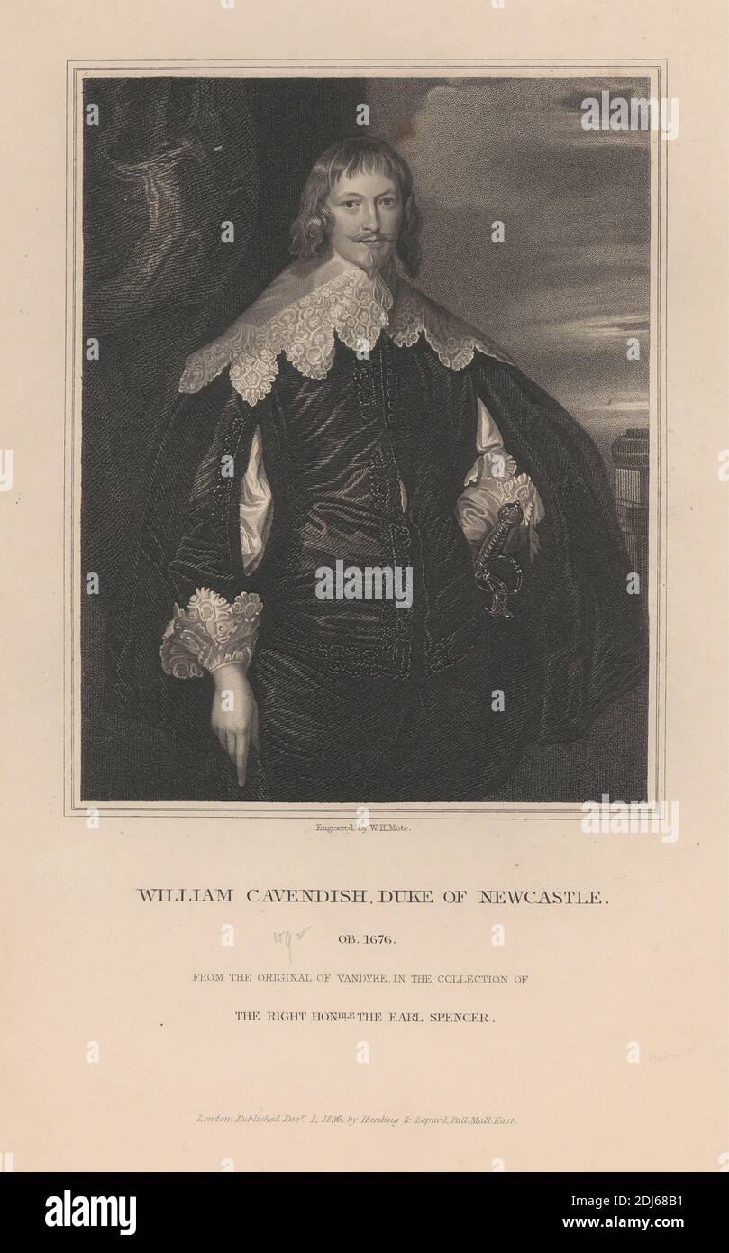 William Cavendish, Duca di Newcastle, dopo Sir Anthony Van Dyck, 1599–1641, fiammingo, attivo in Gran Bretagna (1620–21; 1632–34; 1635–41), pubblicato da Lackington & Co., attivo 1746–1840, inglese, 1836, incisione a stipsi su carta di spessore moderato, liscia, crema, wove, foglio: 10 7/16 × 6 7/8 pollici (26.5 × 17.5 cm) e immagine: 15/16 × 9.8 cm (4 × 7/8 3 12.5 pollici) Foto Stock