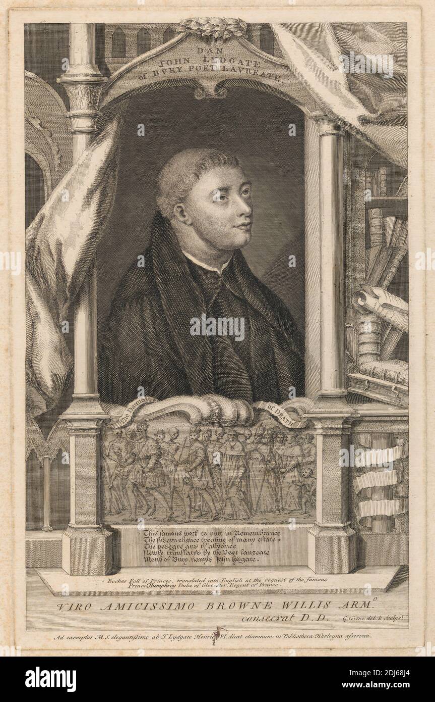 DaN John Lydgate del poeta Bury Laureate, Stampa di George Verte, 1684–1756, inglese, ca. 1750, incisione lineare su carta media, leggermente testurizzata, crema Foto Stock