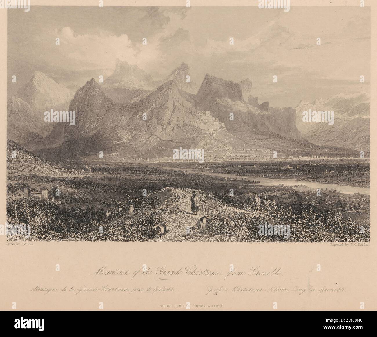 Mountain of the Grande Chartreuse, di Grenoble, Stampa realizzata da Joseph C. Bentley, 1809–1851, British, After Thomas Allom, 1804–1872, British, pubblicata da Fisher, Son & Co., Active 1821–1848, British, Undated, incisione e incisione di linea su carta media, leggermente testurizzata, di color crema Foto Stock