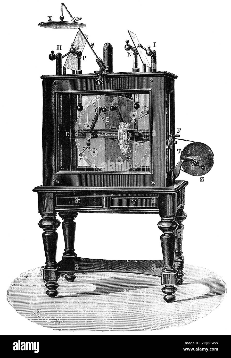 Macchina di influenza per elettroterapia. Illustrazione del 19 ° secolo. Germania. Sfondo bianco. Foto Stock