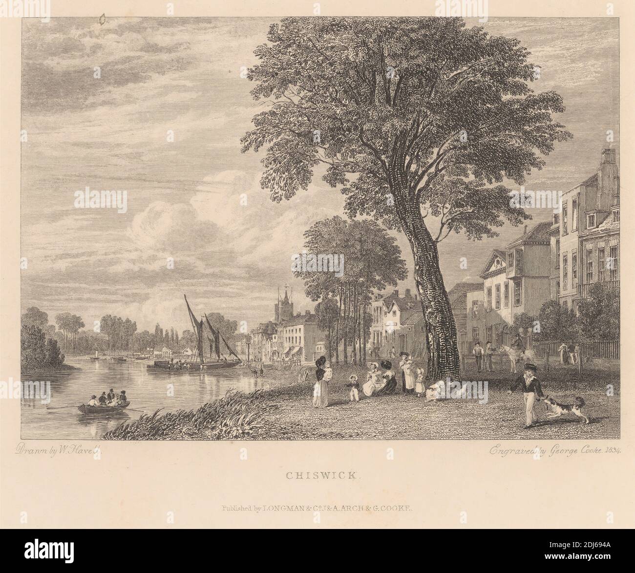 Chiswick, Stampa realizzata da George Cooke, 1781–1834, inglese, After William Havell, 1782–1857, inglese, attivo in India (1820–26), pubblicato da Longman, attivo 1804–1914, inglese, 1834, incisione e incisione su carta media, leggermente testurizzata, di color crema Foto Stock