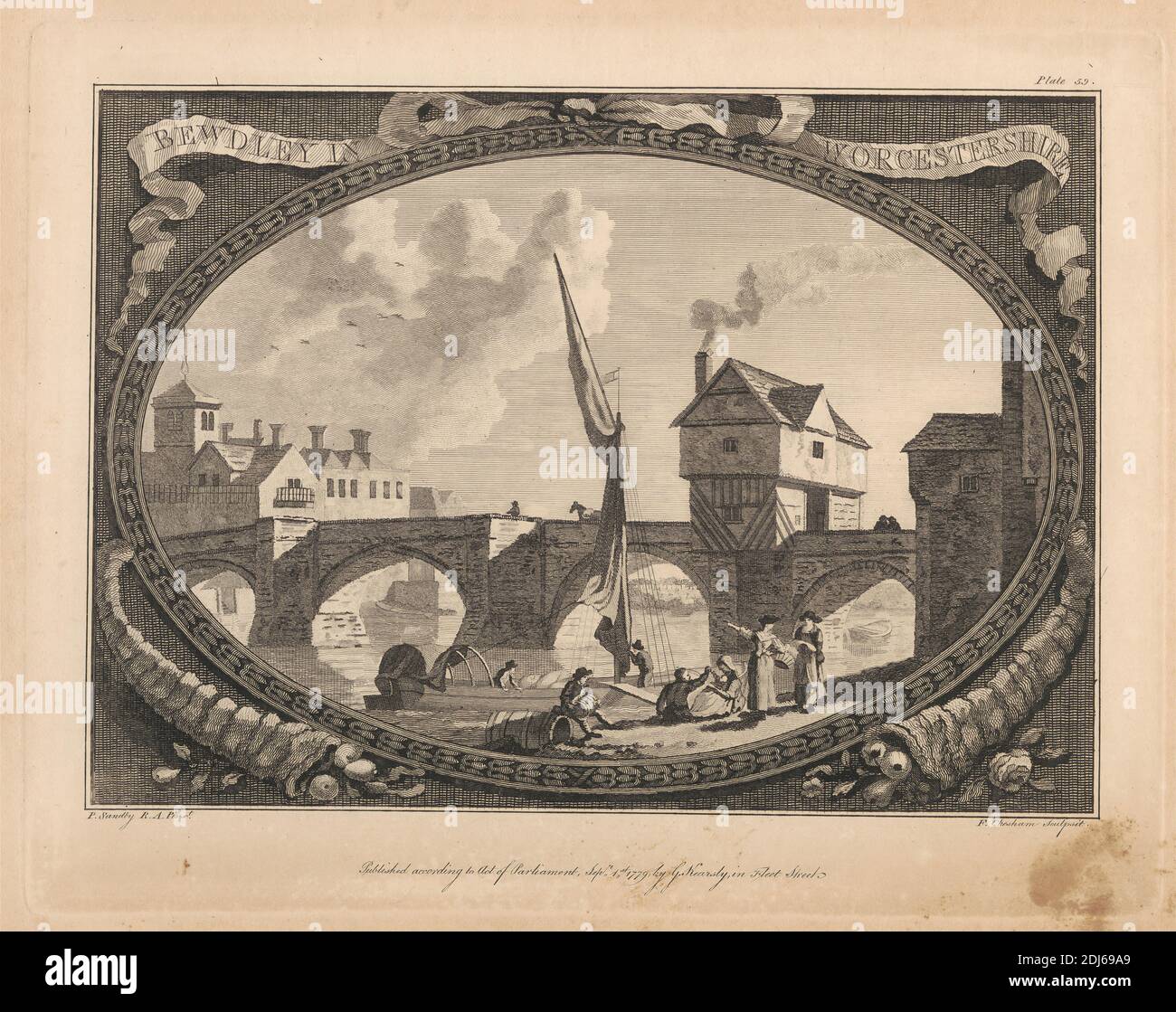 Bewdley in Worcestershire, Stampa fatta da Francis Chesham, 1749–1806, inglese, dopo Paul Sandby RA, 1731–1809, inglese, pubblicato da George Kearsley, 1758–1813, inglese, 1779, incisione e incisione di linea su carta media, leggermente testurizzata, a crema Foto Stock