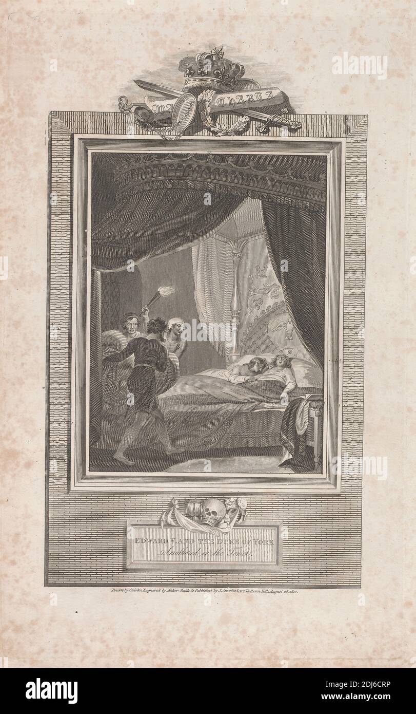 Edward V. e il Duca di York, affumicato nella Torre, Stampa realizzata da Anker Smith, 1759–1819, inglese, dopo Robert Smirke, 1752–1845, inglese, pubblicato da J. Stratford, attivo 1792–1813, inglese, 1810, incisione e incisione su carta sottile, leggermente testurizzata, in wove color crema, foglio: 14 × 8 7/8 pollici (35.6 × 22.5 cm), piastra: 11 3/4 × 7 5/8 pollici (29.8 × 19.4 cm), e immagine: 10 1/8 × 6 1/8 pollici (25.7 × 15.6 cm), letto (mobili), telaio (arredamento), soggetto storico, torcia, torre (singola costruzione Foto Stock
