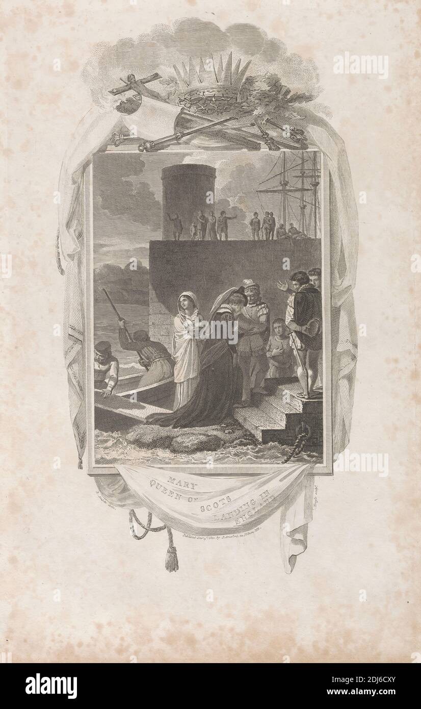 Queen Mary of Scots Landing in England, Stampa realizzata da James Neagle, 1760–1822, inglese, After Robert Smirke, 1752–1845, inglese, pubblicato da J. Stratford, attivo 1792–1813, inglese, 1810, incisione e incisione su carta sottile, leggermente testurizzata, crema di wove, foglio: 14 × 8 7/8 pollici (35.6 × 22.5 cm), piatto: 11 7/8 × 7 5/8 pollici (30.2 × 19.4 cm), e immagine: 10 3/8 × 5 5/8 pollici (26.4 × 14.3 cm), barche, barche, dipinti di storia, monarchia, processioni, corda, canottaggio, regalità, mari Foto Stock