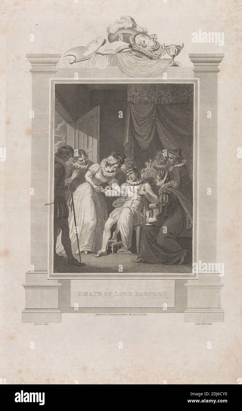 Death of Lord Darnley, Stampa realizzata da Anker Smith, 1759–1819, inglese, After Mather Brown, 1761–1831, americano, attivo in Gran Bretagna, pubblicato da J. Stratford, attivo 1792–1813, inglese, 1810, incisione e incisione su carta sottile, leggermente testurizzata, in ovina, foglio: 14 × 8 7/8 pollici (35.6 × 22.5 cm), piatto: 11 3/4 × 7 1/2 pollici (29.8 × 19.1 cm), e immagine: 10 × 6 1/2 pollici (25.4 × 16.5 cm), morti, porte, dipinti di storia, interni, lutto, abiti, camere, regalità, spade, arazzi Foto Stock