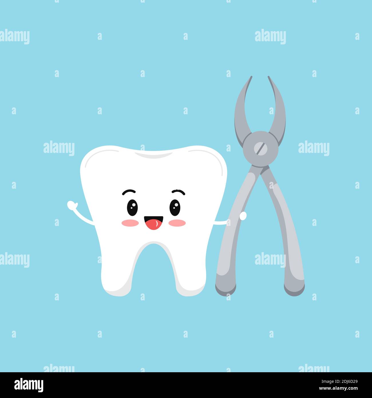 Dente carino con l'icona della pinza dentaria isolata su sfondo blu. Illustrazione Vettoriale