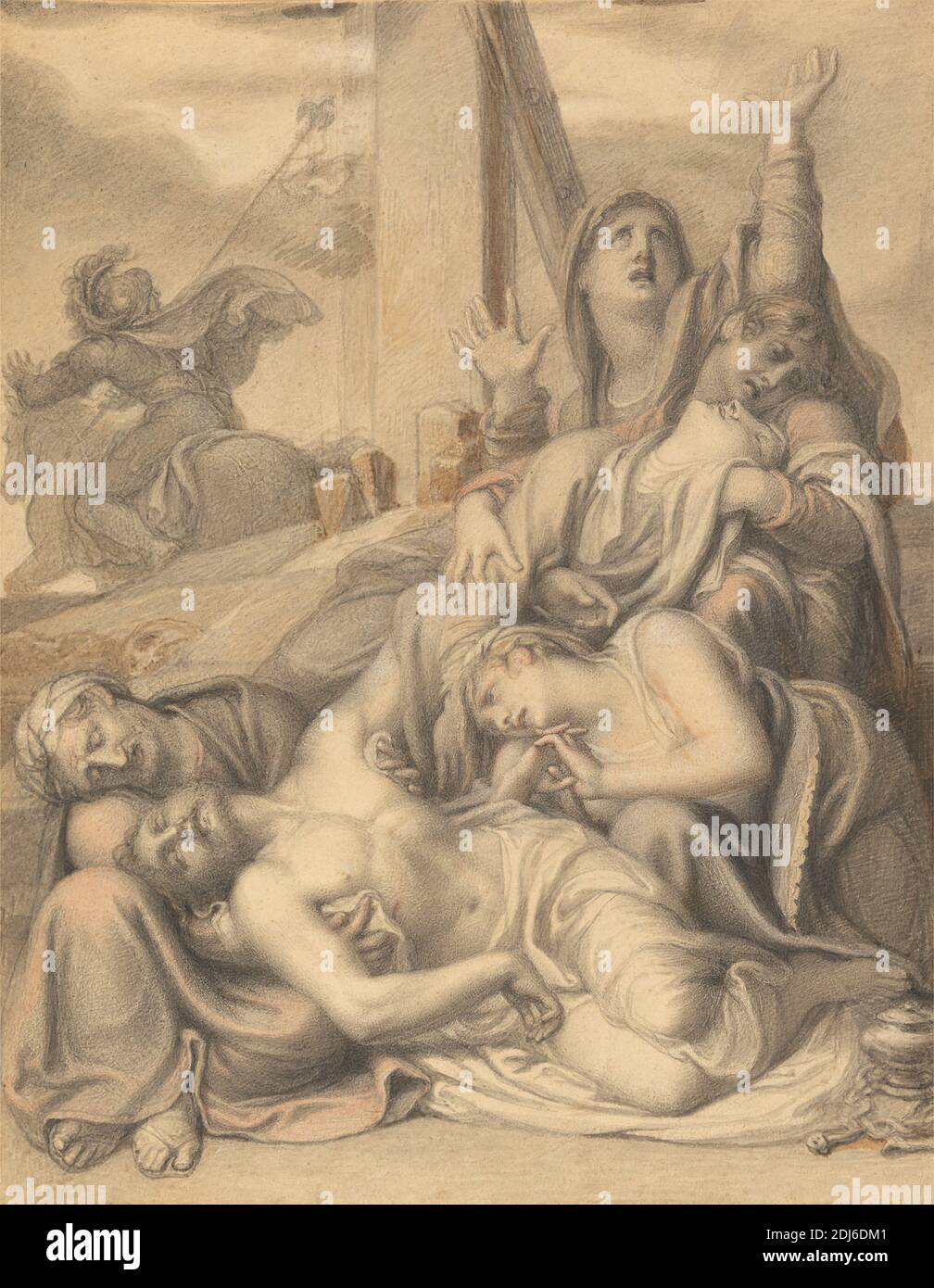 The Deposition, Richard Cosway, 1742–1821, inglese, non satinato, inchiostro nero, inchiostro grigio, grafite e acquerello su carta media, leggermente testurizzata, color crema, supporto: 13 3/4 x 11 3/8 pollici (34.9 x 28.9 cm) e foglio: 9 x 7 pollici (22.9 x 17.8 cm), apostoli, discepoli, bandiere, cavalli (animali), lamentazione del Cristo morto da parte dei suoi parenti e amici (Cristo solitamente senza corona di spine), lanterne (dispositivi di illuminazione), pennanti, soggetto religioso e mitologico, abiti, sandali, soldati, norme Foto Stock