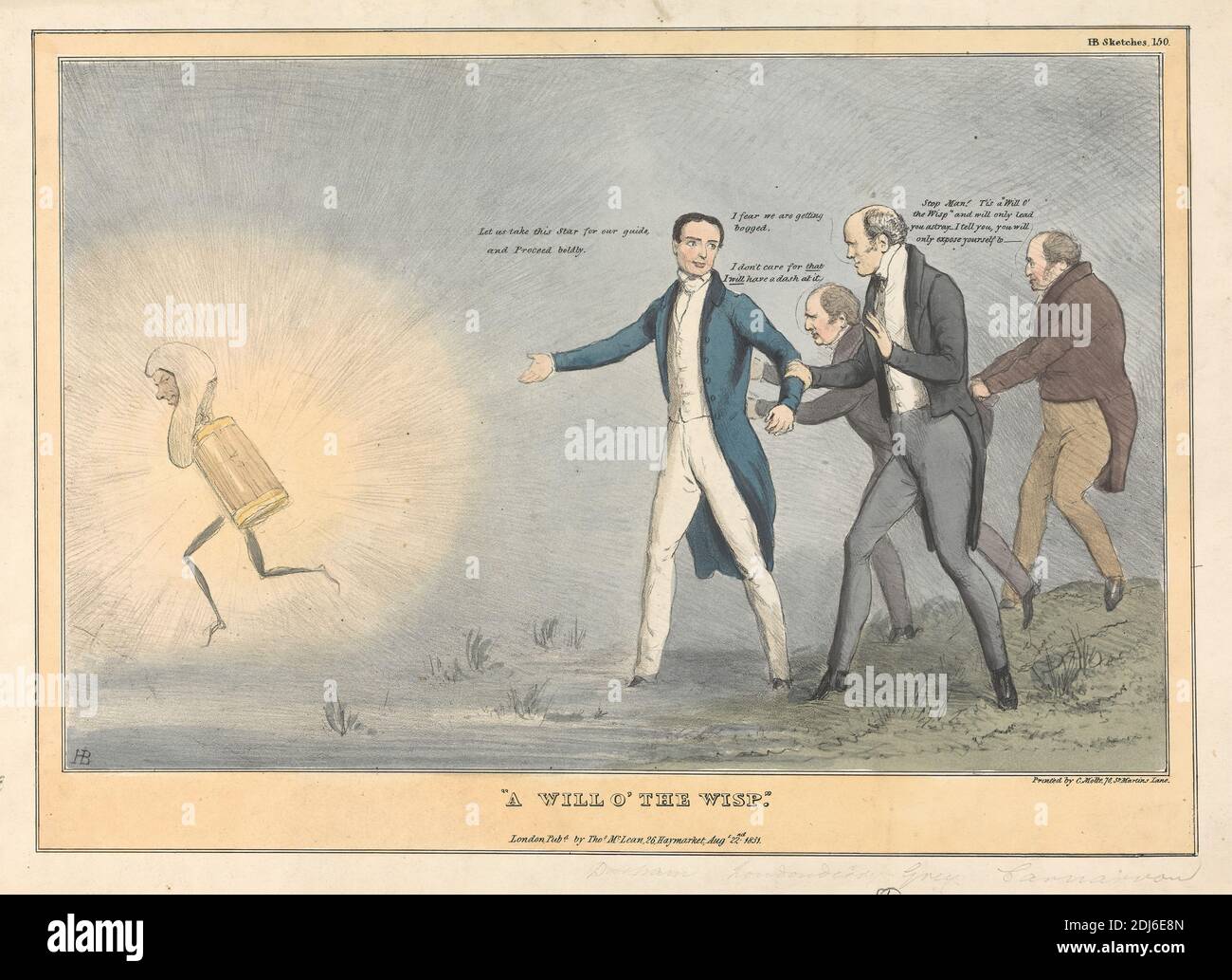 A Will o' The Wisp, Stampa realizzata da John Doyle ('H.B.'), 1797–1868, irlandese, stampata da Charles E. P. Motte, 1785–1836, francese, pubblicata da Thomas McLean, 1788–1875, inglese, 1831, litografia, colorata a mano su carta in wove beige di spessore moderato, liscia, foglio: 11 7/8 x 17 1/4 pollici (30.1 x 43.8 cm) e immagine: 8 7/8 x 13 11/16 pollici (22.6 x 34.8 cm), palude, cappotti, illusione, lanterna, uomini, parodia, politica, politici, satira, schizzi, stella, parrucche, will-o'-the-wisp Foto Stock