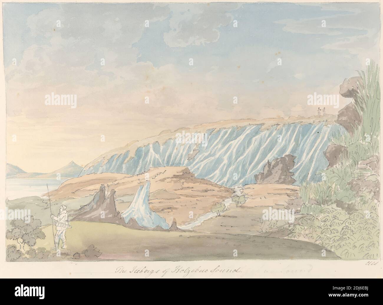 Gli iceberg di Kotzebue Sound, Charles Hamilton Smith, 1776–1859, belga, non satinato, acquerello e grafite su carta di wove crema di spessore moderato, moderatamente testurizzata, foglio: 12 7/8 × 16 1/8 pollici (32.7 × 41 cm) e rilegatura: 16 1/8 pollici (41 cm), paesaggio, arte marina Foto Stock