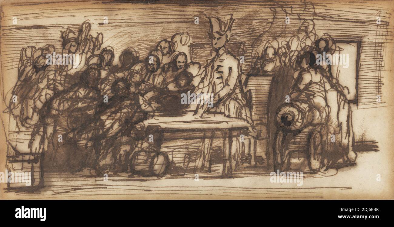 Studio per Nelson Sealing The Copenhagen Letter, Sir David Wilkie, 1785–1841, British, ca. 1835, penna e inchiostro marrone su carta media, liscia, crema wove, foglio: 2 3/4 × 5 1/4 pollici (7 × 13.3 cm) e cornice: 8 1/2 × 10 1/4 × 1 1/2 pollici (21.6 × 26 × 3.8 cm), studio della figura, arte marina Foto Stock