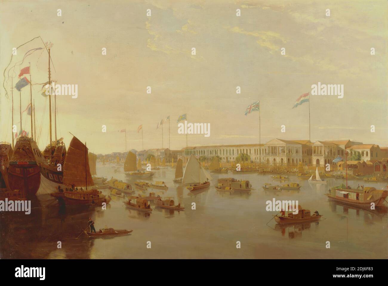 Le fabbriche europee, Canton, William Daniell, 1769–1837, British, 1806, olio su tela, supporto (PTG): 34 x 50 pollici (86.4 x 127 cm), barche, edifici, cinese, colonia, europeo, fabbriche, bandiere, porto, giunche, oceano, orientalismo, porto, sampani, navi, pendii (imbarcazioni a vela), commercio, Union Jack, Canton, Cina, Guangdong, Perla Foto Stock