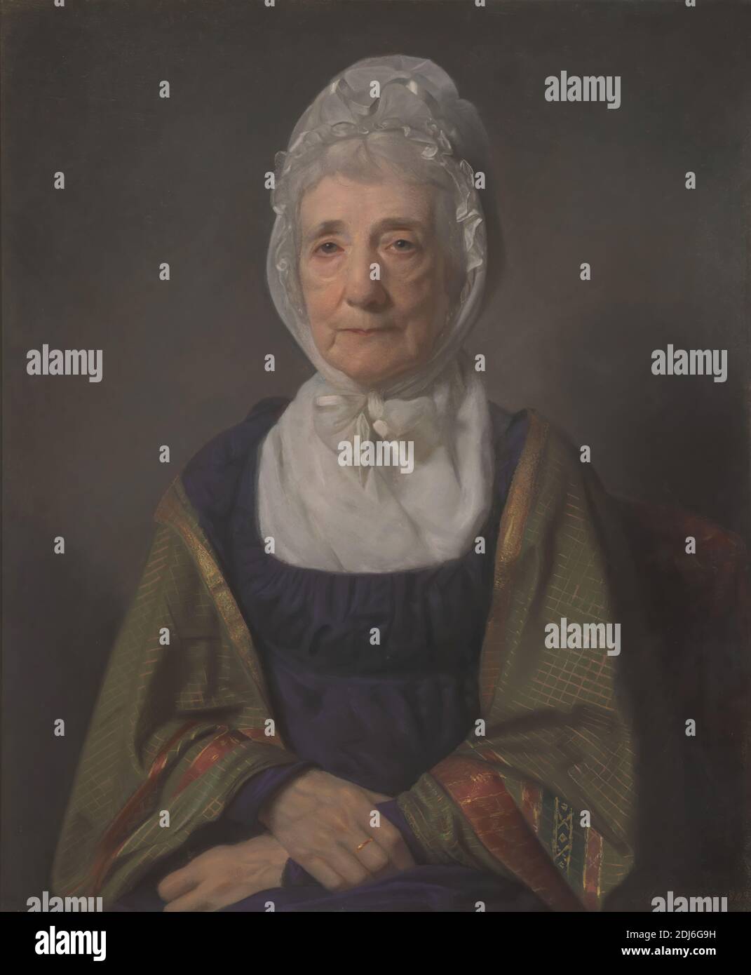 Una donna anziana, Archibald Skirving, 1749–1819, British, 1803, pastello su vellum, cornice: 39 × 34 1/4 × 4 1/4 pollici (99.1 × 87 × 10.8 cm) e foglio: 28 1/2 × 23 1/2 pollici (72.4 × 59.7 cm), cofano, anziani, fichu, studio di figura, ritratto, nastro, scialle, seduta, donna Foto Stock