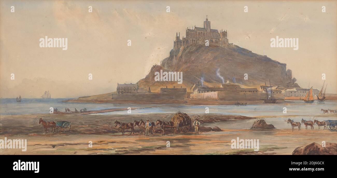 Mont Saint-Michel, Charles Reginald Aston, 1832–1908, inglese, non satinato, acquerello e gouache bianco su carta di media consistenza, leggermente testurizzata, con vacchetta panna, cornice: 16 × 25 3/4 × 1 1/4 pollici (40.6 × 65.4 × 3.2 cm) e foglio: 18 1/4 × 8 1/2 pollici (46.4 × 21.6 cm), soggetto architettonico, cattedrale, strada rialzata, fortificazioni, cavalli (animali), isola, paesaggio, monastero, mare, navi, carri, Europa, Francia, Mont-Saint-Michel, le, Normandie Foto Stock