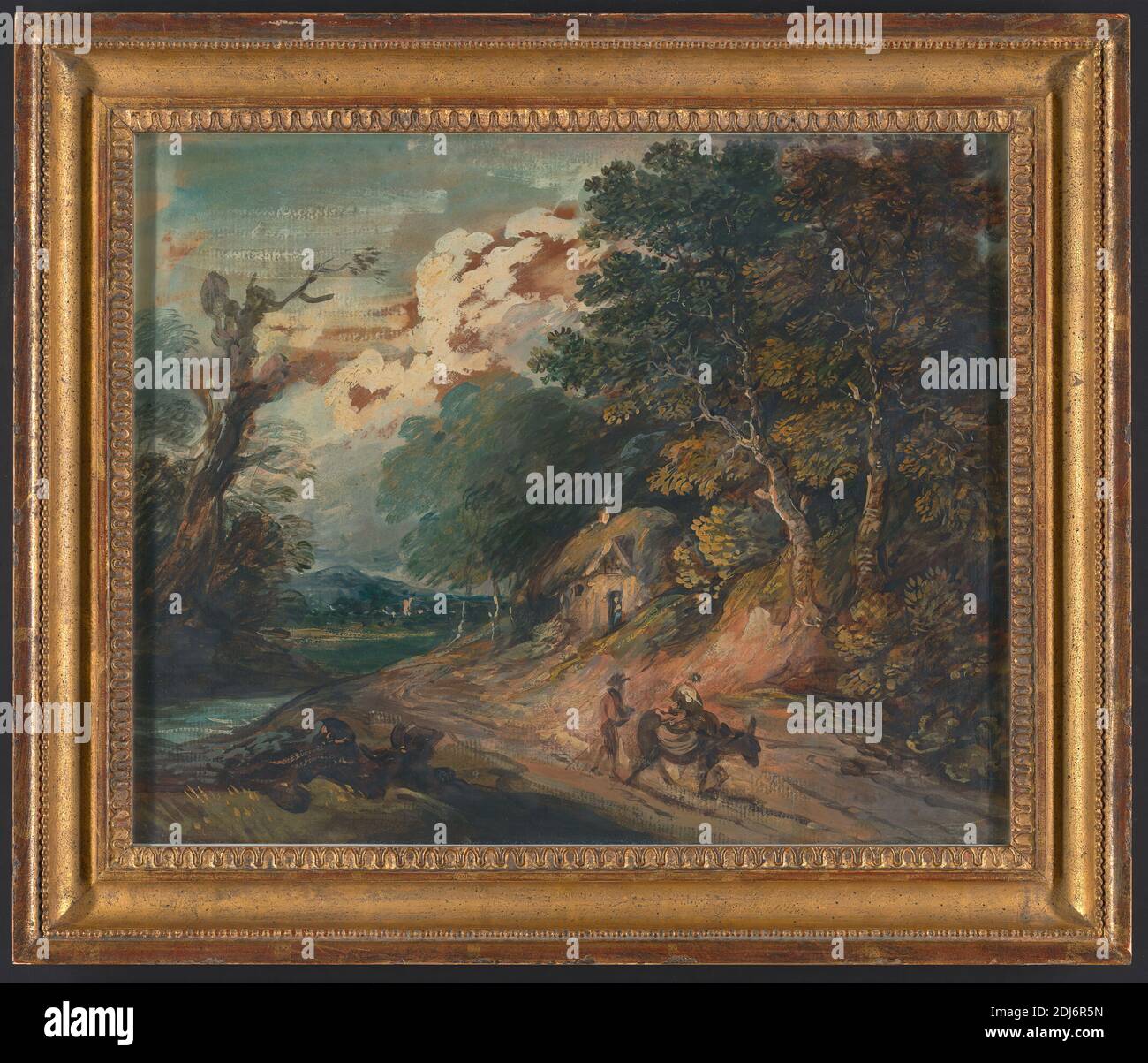 Paesaggio: Personaggio cavalcare un asino, Gainsborough Dupont, 1754–1797, inglese, non satinato, olio e grafite su carta leggermente testurizzata, beige, foglio: 11 3/8 x 13 3/4in. (28.9 x 34.9cm) e telaio: 15 × 17 1/2 × 1 3/8 pollici (38.1 × 44.5 × 3.5 cm), burro, asino, paesaggio, pascolo, tetto di paglia, alberi Foto Stock