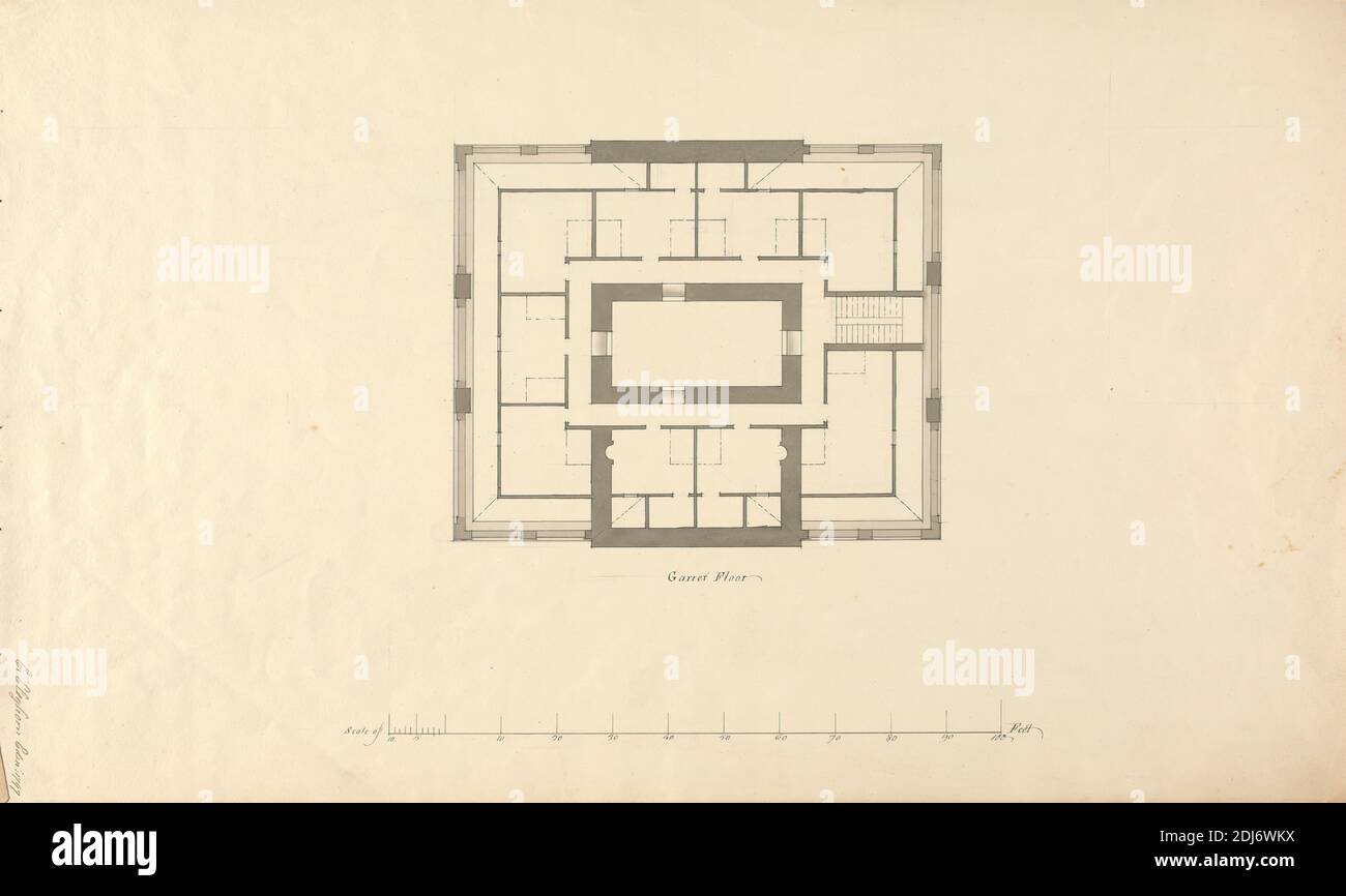 Design per Ardgowan House, Scozia: Piano attico, Claud Cleghorn, attivo 1797–1800, 1797, grafite, lavaggio grigio e inchiostro nero e marrone su scala barra di carta wove beige liscia, moderatamente spessa, da 1/12 pollici a 1 piede, foglio: 11 1/8 × 18 9/16 pollici (28.3 × 47.1 cm), soggetto architettonico, design, pianta, casa, Europa, Scozia, Regno Unito Foto Stock