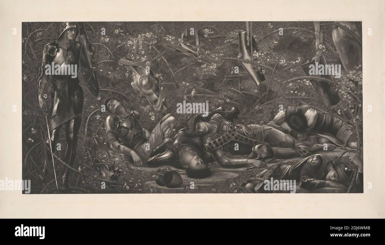 The Briar Wood, dopo Edward Burne-Jones, 1833–1898, inglese, pubblicato dalla Thos. Agnew & Sons, British, 1892, Photogravure su medio, leggermente testurizzato, carta crema wove, foglio: 16 1/2 × 32 3/4 pollici (41.9 × 83.2 cm), armatura, Briar, fiore (pianta), fogliame, eroe, cavaliere (detentore del paese), tema letterario, uomo, soggetto religioso e mitologico, scudo, sonno, la bellezza addormentata (fiaba), spada, spina Foto Stock