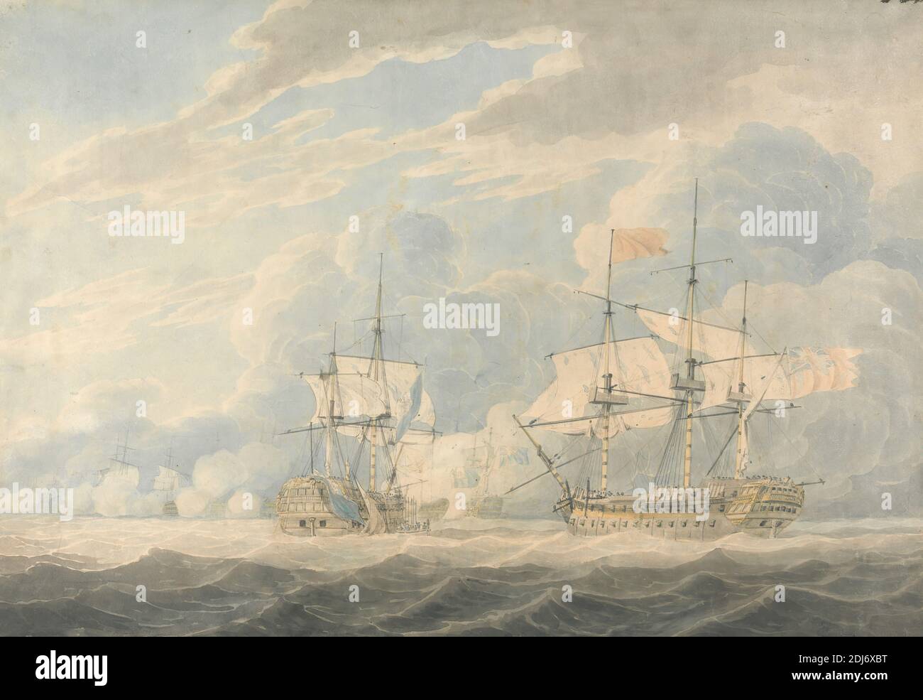 Il vice ammiraglio olandese sotto l'ammiraglio De Winter colpendo la sua bandiera al vice ammiraglio inglese Onslow sotto l'ammiraglio Duncan nella battaglia di Camperdown, 11 ottobre 1797, Robert Cleveley, 1747–1809, British, 1799, grafite, acquerello, penna e inchiostro nero su carta leggermente testurizzata, media, crema, foglio: 13 1/2 × 19 7/8 pollici (34.3 × 50.5 cm Foto Stock