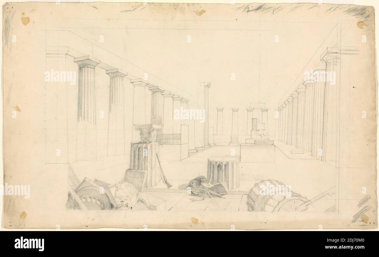 Il Tempio di Apollo Epikourios: Vista dell'interno, Charles Robert Cockerell, 1788–1863, inglese, non satinato, grafite su carta di wove crema moderatamente testurizzata, spessore moderato, foglio: 11 3/4 × 19 1/2 pollici (29.8 × 49.5 cm), soggetto architettonico, vista interna, tempio Foto Stock