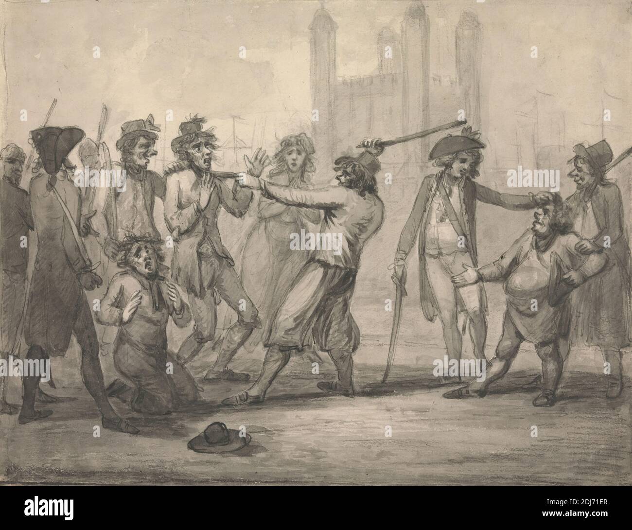 Manning the Navy, Samuel Collings, attivo 1784–1795, britannico, non satinato, penna e inchiostro nero con lavaggio grigio e grafite su carta media, leggermente testurizzata, crema di wove, foglio: 6 5/8 × 8 1/2 pollici (16.8 × 21.6 cm), studio della figura, cappello, uomini, soldati, Inghilterra, Europa, Londra, Torre di Londra Foto Stock