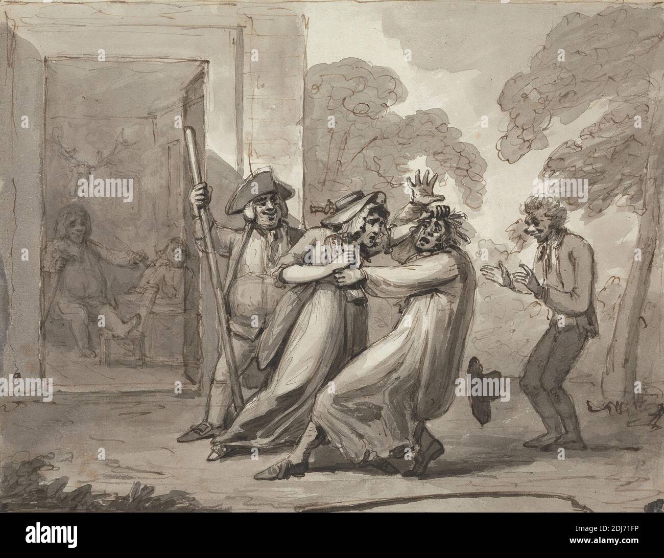 Le lotte della virtù, Samuel Collings, attivo 1784–1795, britannico, ondeggiato, penna e inchiostro nero con grafite e lavaggio grigio su carta media, moderatamente testurizzata, wove bianca, foglio: 6 7/8 × 8 7/8 pollici (17.5 × 22.5 cm), cappello, soldati, albero, virtù Foto Stock