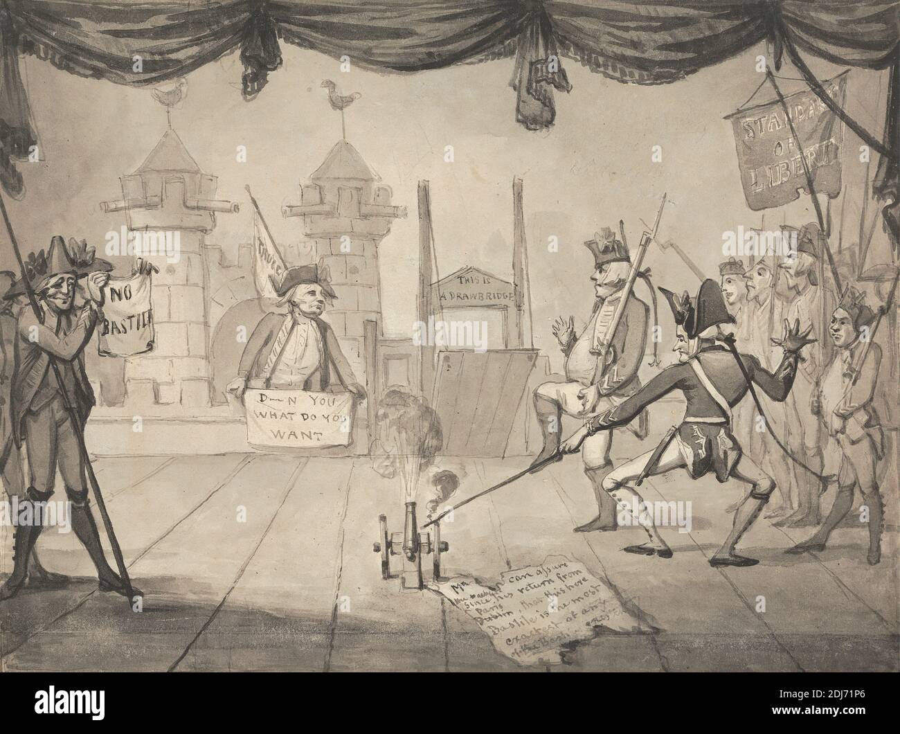 Una versione Ampitheatrical della caduta della Bastiglia, Samuel Collings, attivo 1784–1795, inglese, non satinato, inchiostro nero e penna e lavaggio grigio su carta media, moderatamente testurizzata, crema di wove, foglio: 6 3/4 × 9 pollici (17.1 × 22.9 cm), attori, genere soggetto, soldati, palco, teatro Foto Stock