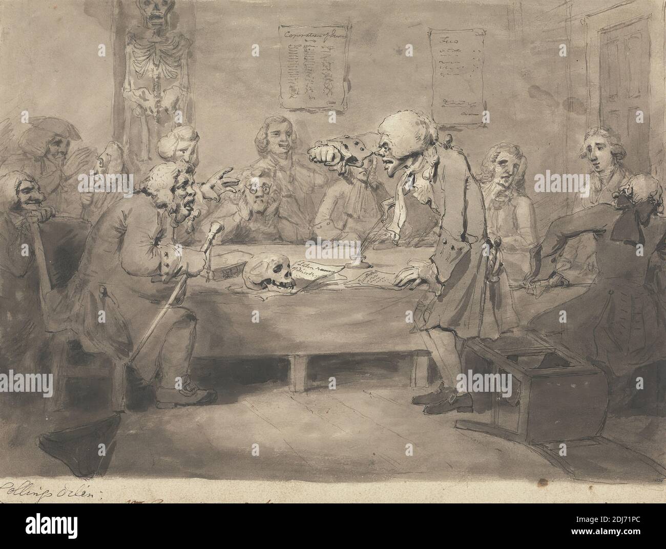 A Querulous Committee Meeting, Samuel Collings, attivo 1784–1795, inglese, non satinato, penna, inchiostro nero, grafite e lavaggio grigio su carta media, leggermente testurizzata, crema di wove, foglio: 7 7/8 × 10 5/8 pollici (20 × 27 cm) e supporto: 10 1/2 × 12 pollici (26.7 × 30.5 cm), soggetto di genere, politica, scheletro, cranio Foto Stock