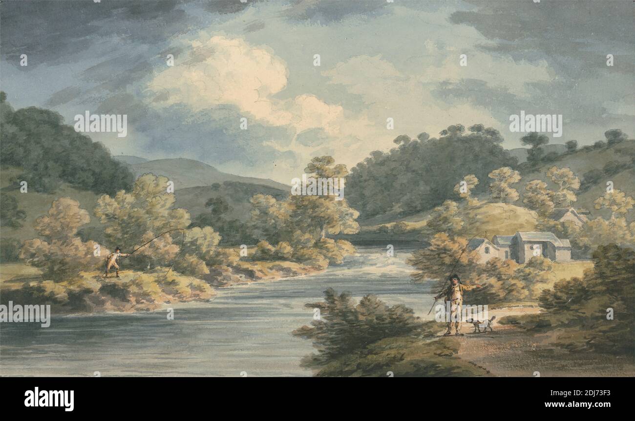 Un pescatore nella vale di Myfod, sede del Palazzo della Principessa di Powis, John Warwick Smith, 1749–1831, britannico, non satinato, acquerello, inchiostro marrone e grafite su carta media, leggermente testurizzata, crema di wove, foglio: 5 1/8 x 8 5/8 pollici (13 x 21.9 cm) e contorno disegnato contemporaneo: 6 3/8 x 10 pollici (16.2 x 25.4 cm), nuvole, cane (animale), pescatori (persone), pali da pesca, foresta, colline, case, paesaggio, fiume, riva del fiume, alberi, Cymru, Europa, Powis, vale of, Powys, Regno Unito, Galles Foto Stock