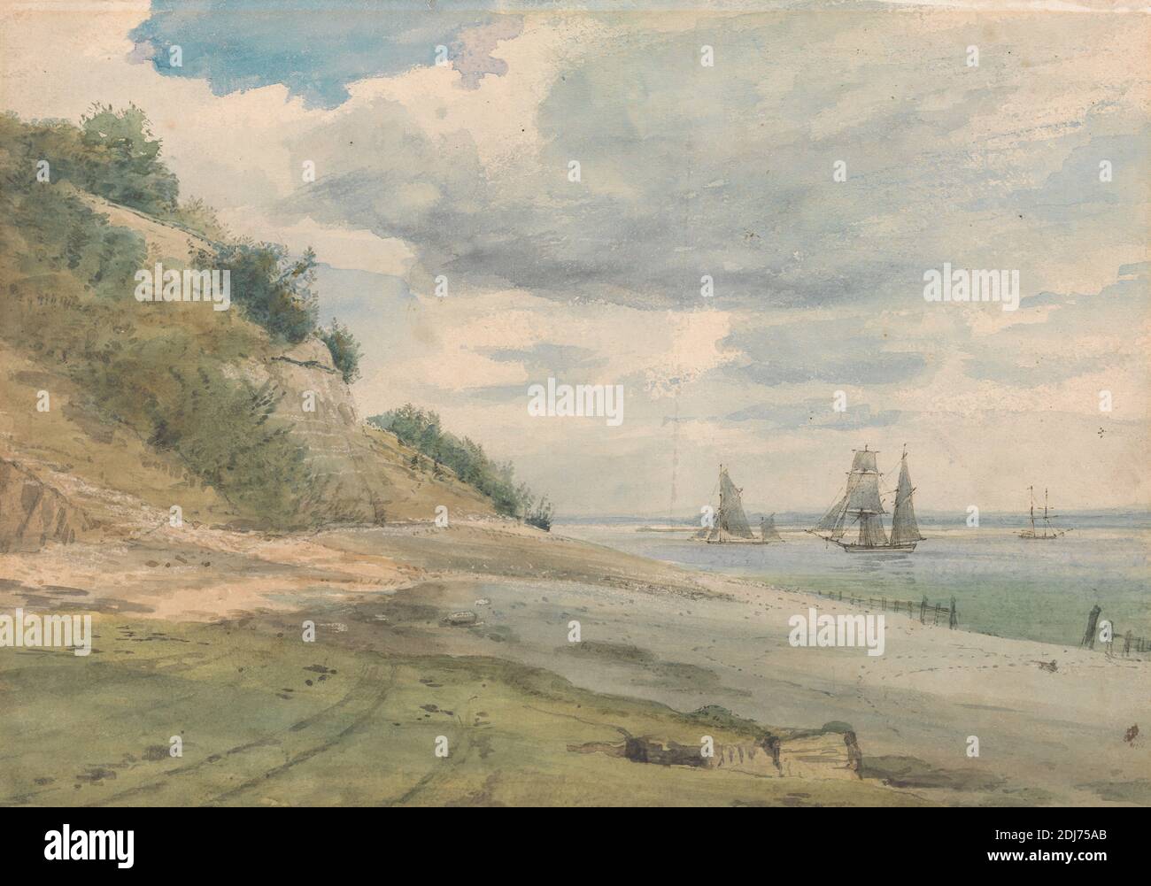 Vista vicino a Walton on su Naze, Lionel Constable, 1828–1887, British, e Alfred Abram Constable, 1826–1853, British, ex John Constable, 1776–1837, British, non satinato, acquerello con inchiostro a penna e marrone su grafite con graffiatura su carta media, liscia, color crema su cartoncino, foglio: 6 7/8 x 9 3/4 pollici (17.5 x 24.8 cm), spiaggia, nuvole, costa, paesaggio, arte marina, mare, navi, Inghilterra, Essex, Europa, Regno Unito, Walton-on-the-Naze Foto Stock