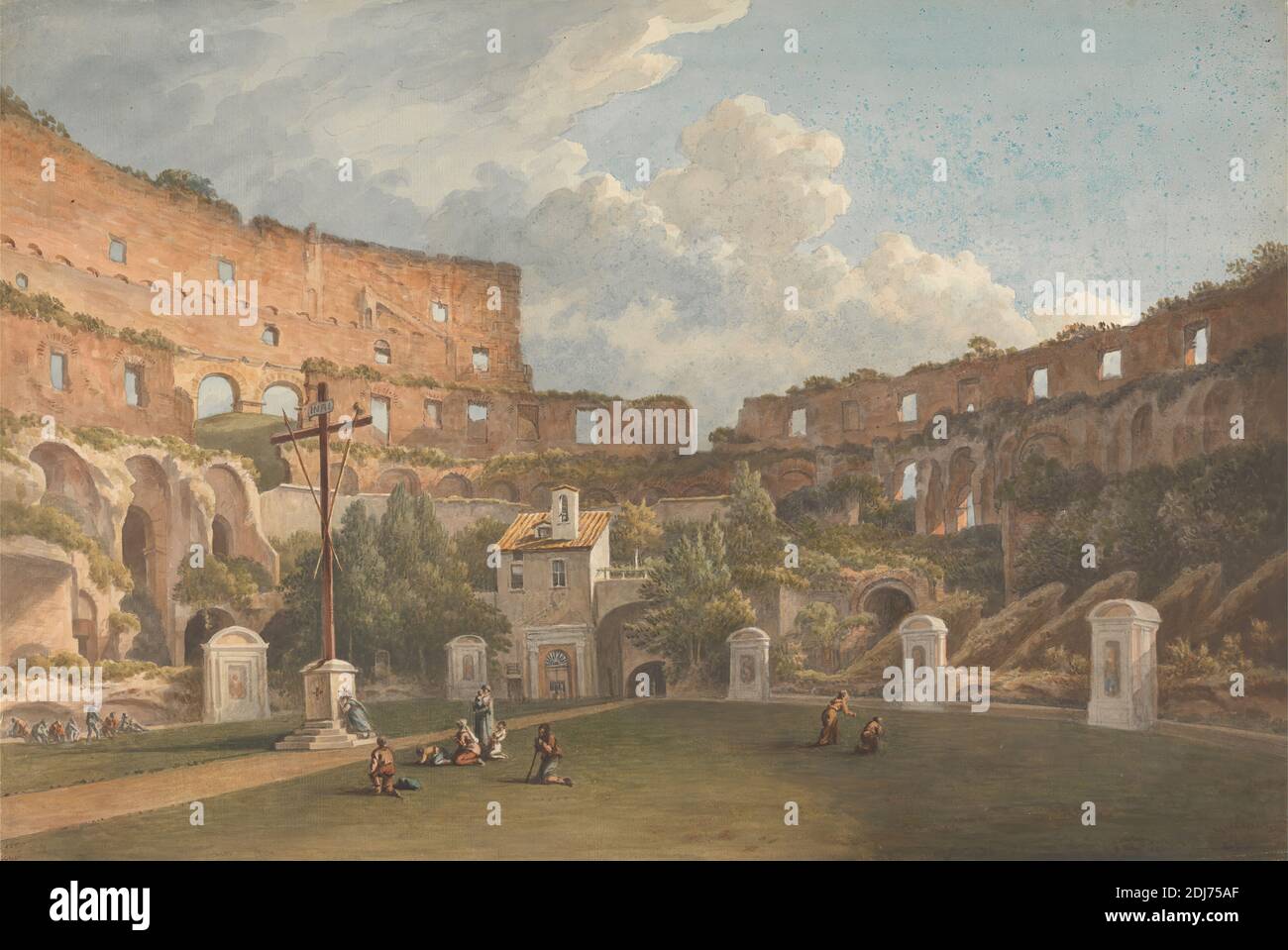 Una vista interna del Colosseo, Roma, John Warwick Smith, 1749–1831, inglese, non satinato, acquerello su grafite spessa, leggermente testurizzata, carta crema, foglio: 14 1/2 x 54.6 cm (21 1/2 x 36.8 pollici), soggetto architettonico, nuvole, costume, crocifisso, soggetto di genere, Grand Tour, interni, persone, rovine, Colosseo, Italia, Roma Foto Stock