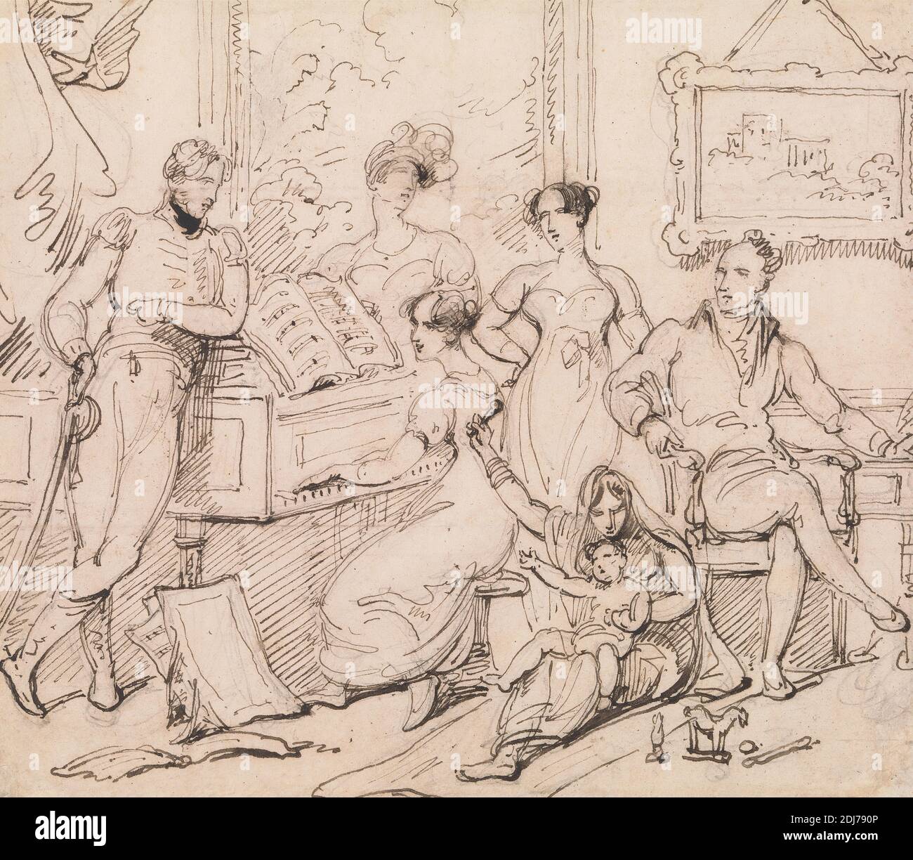 Un gruppo di famiglia intorno a un piano, George Chinnery, 1774–1852, britannico, tra il 1812 e il 1815, penna e inchiostro nero su carta media, leggermente testurizzata, crema di wove, foglio: 5 5/8 × 6 3/8 pollici (14.3 × 16.2 cm), bambino, sedie, famiglia, studio di figura, soggetto di genere, uomini, musica, pianoforte, donne Foto Stock