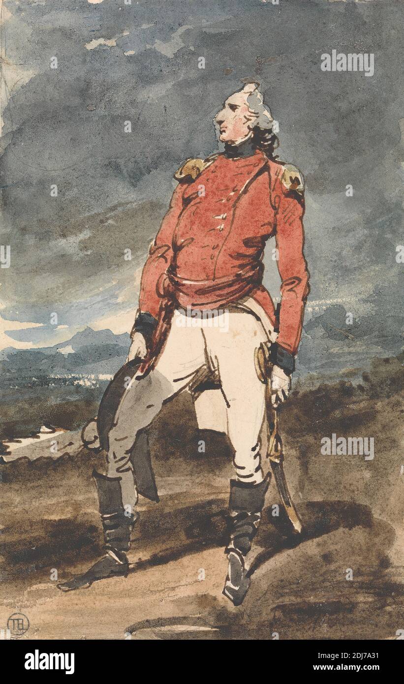 Studio per il Ritratto di un ufficiale militare, George Chinnery, 1774–1852, britannico, non satinato, acquerello e grafite su carta media, leggermente testurizzata, crema di wove, foglio: 6 7/8 × 4 3/8 pollici (17.5 × 11.1 cm), figure (rappresentazioni), ufficiali militari, tempesta, spada Foto Stock