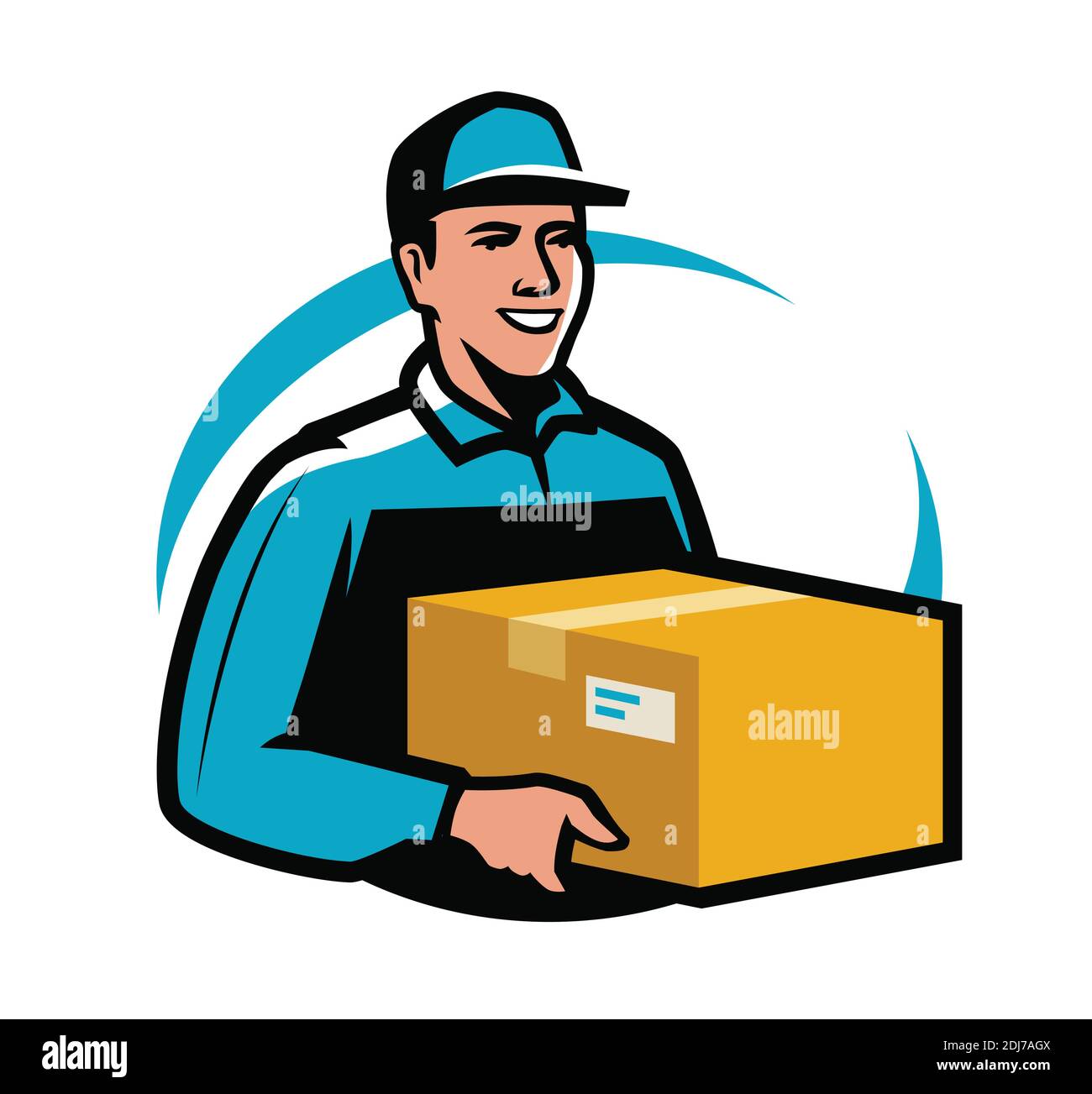 Servizio di consegna. Il corriere tiene il pacco. Il giovane trasporta la scatola di cartone del alberino Illustrazione Vettoriale