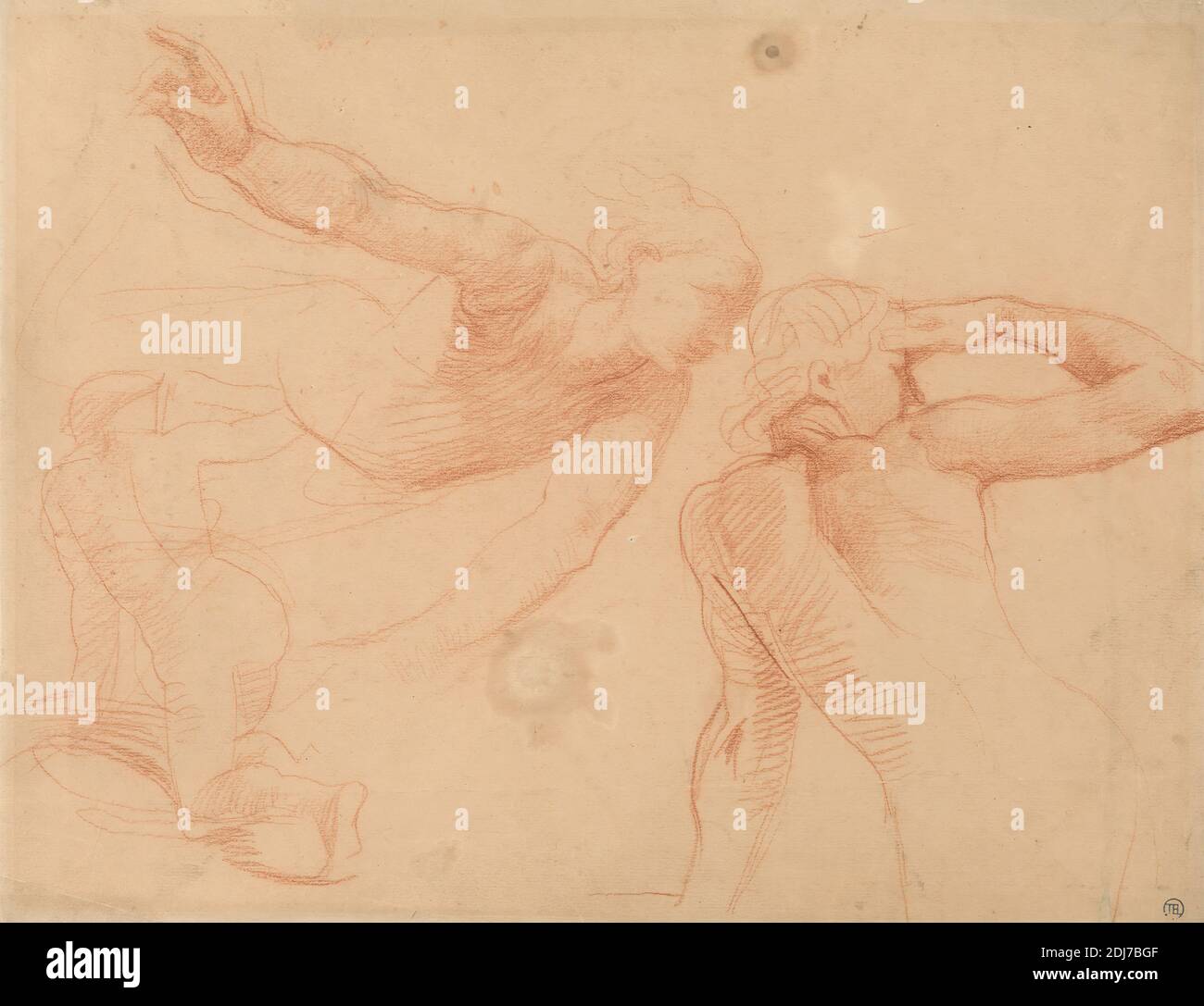 Studio di tre figure in movimento, Alfred Stevens, 1817–1875, inglese, non satinato, gesso rosso e grafite su carta media, leggermente testurizzata, wove beige, foglio: 10 5/8 × 13 3/4 pollici (27 × 34.9 cm Foto Stock
