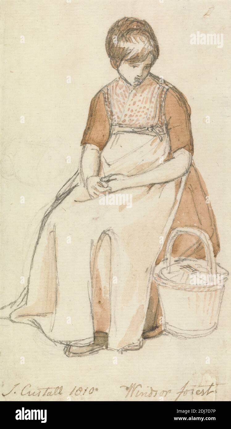 Ragazza seduta con un cestino, Joshua Cristall, 1768–1847, inglese, 1810, acquerello e grafite su carta bianca a grana grossa e leggermente spessa, foglio: 6 1/8 x 3 9/16 pollici (15.6 x 9 cm), grembiule, cesto, abito, studio della figura, sguardo, ragazza, fazzoletto, classe media, contadino, seduto, Berkshire, Inghilterra, Europa, Regno Unito, Windsor Forest Foto Stock