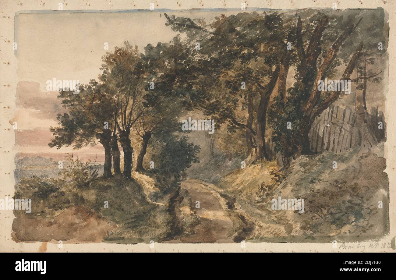 Bromley Hill, Peter DeWint, 1784–1849, British, 1812, acquerello e grafite su carta spessa, panna, ruvida wove, foglio: 12 5/8 × 19 7/8 pollici (32.1 × 50.5 cm), nuvole, recinzioni, foresta, cancelli, collina, paesaggio, sentieri, strada, alberi, boschi, Bromley, Inghilterra, Europa, Grande Londra, Regno Unito Foto Stock