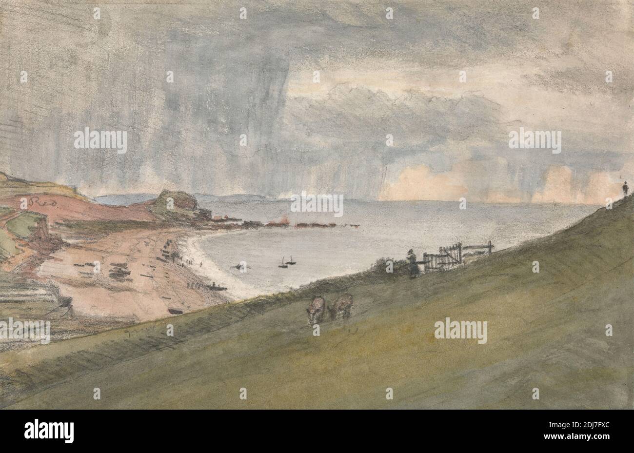 Budleigh, Salterton... Un modo più facile di scendere voi scogliera, Dr. William crotch, 1775–1847, 1833, acquerello e grafite su carta media, leggermente testurizzata, crema wove, foglio: 4 9/16 × 7 pollici (11.6 × 17.8 cm), barche, scogliera, costa, recinzione, paesaggio, litorale Foto Stock