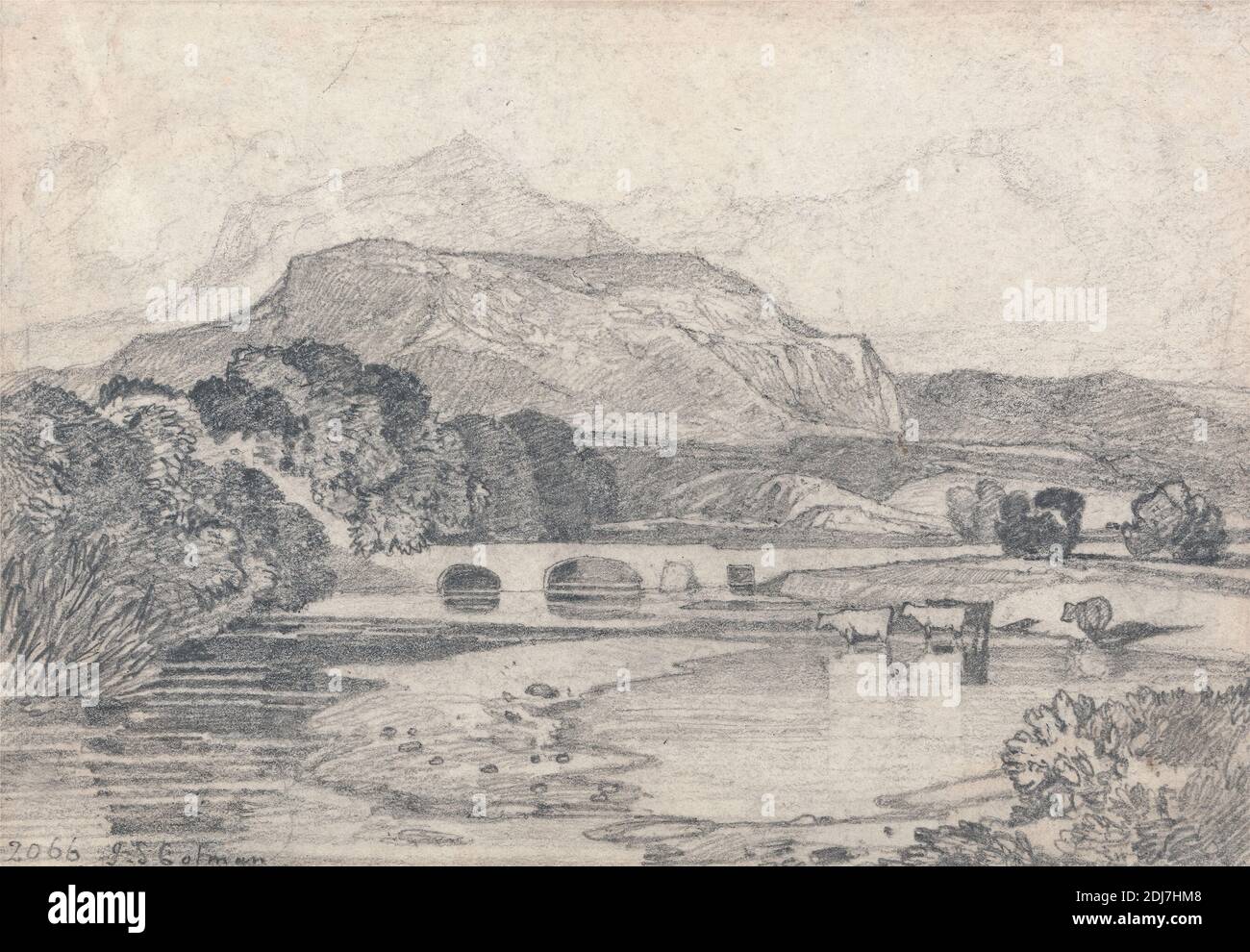 Tan-y-Bwlch, Galles del Nord, John Sell Cotman, 1782–1842, inglese, ca. 1806, grafite su carta media, moderatamente testurizzata, bianca, foglio: 1/8 x 12.7 cm (5 x 7 18.1 pollici), ponti (opere costruite), mucche, paesaggio, pastorale, Caernarfonshire e Merionethshire, Cymru, Europa, Gwynedd, Tan-y-Bwlch, Regno Unito, Galles Foto Stock