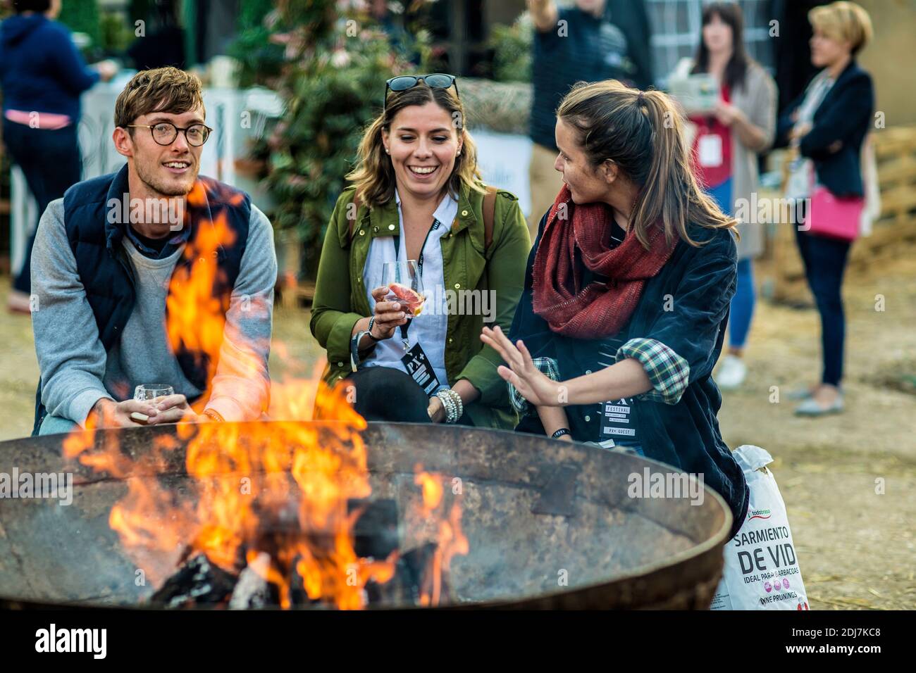 GRAN BRETAGNA / Inghilterra / Hertfordshire/ amici sorridenti godendo le ultime giornate estive all'aperto. Giovani seduti intorno al fuoco. Foto Stock