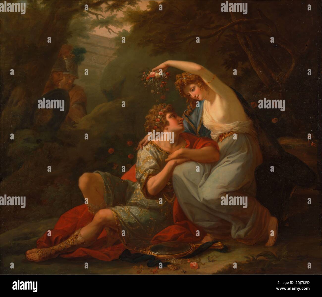 Rinaldo e Armida, Angelica Kauffmann RA, 1741–1807, Svizzera, attiva in Gran Bretagna (1766–81), 1771, olio su tela, supporto (PTG): 51 1/2 x 60 1/4 pollici (130.8 x 153 cm), broccato, cristianesimo, fiori (piante), tema letterario, amore, amanti, specchio, mitologia, palazzo, principe, rocce (forme di terra), sandali, legno, Israele, ceretta Foto Stock